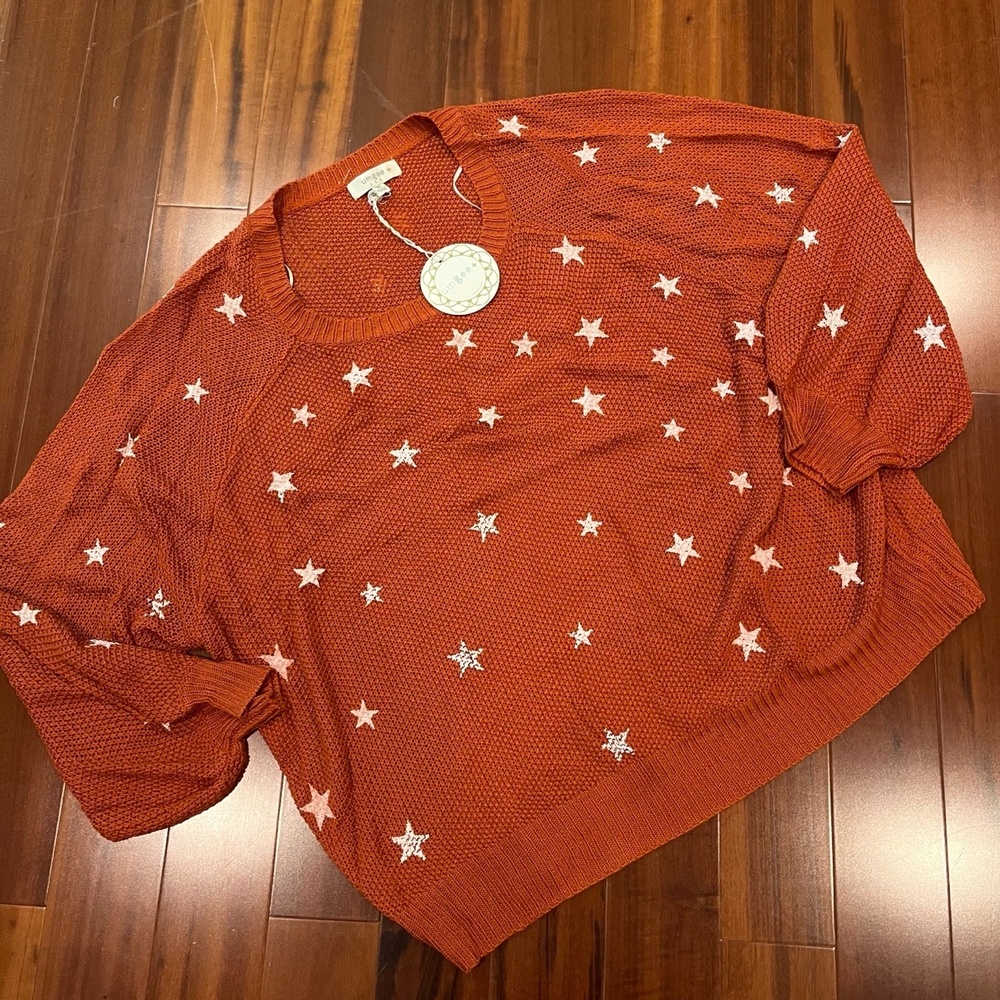 Umgee Star Print Sweater Rust Orange Long Sleeve‎ Textured Knit New Plus Size 1X
